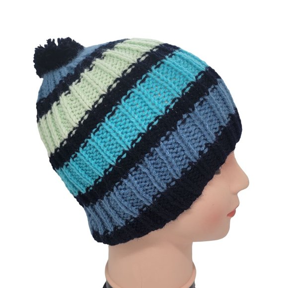 OZ Chunky Hand-Knit Hat Pom Pom Adult unisex Beanie hats stripped Brown Blue - Picture 1 of 6